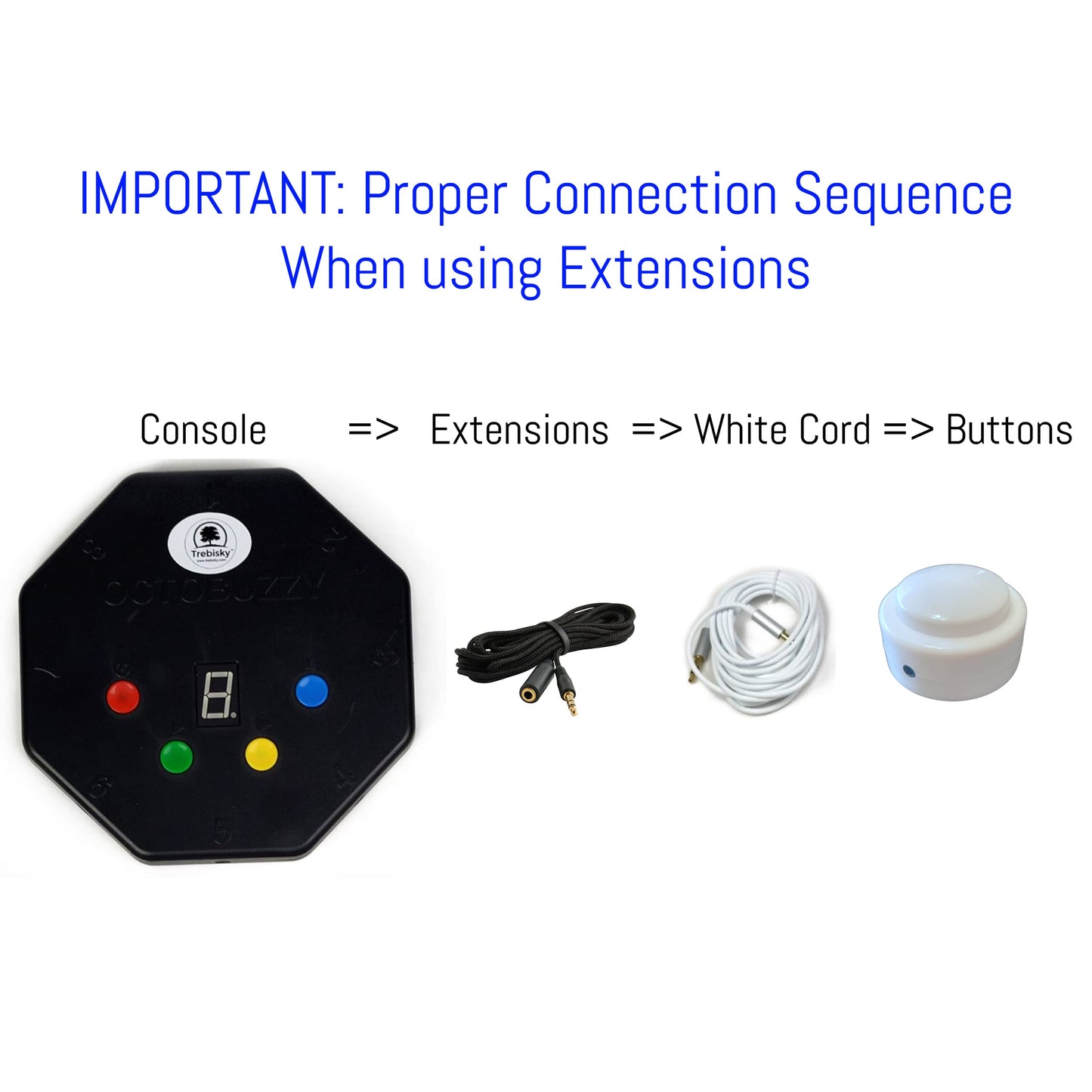 Trebisky Quiz Answer Game Buzzer Standalone System w/ LED Light Buttons 15ft Extension Cables (4-Pack Extension)