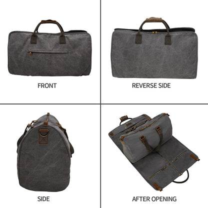 2 in 1 Suit Garment Duffle Convertible Carry-on Bag With Canvas Leather Shoulder Strap for Travel, Business Trips, Storage - Hangding Suit, Clothes, Dresses, Shoes (Gray)