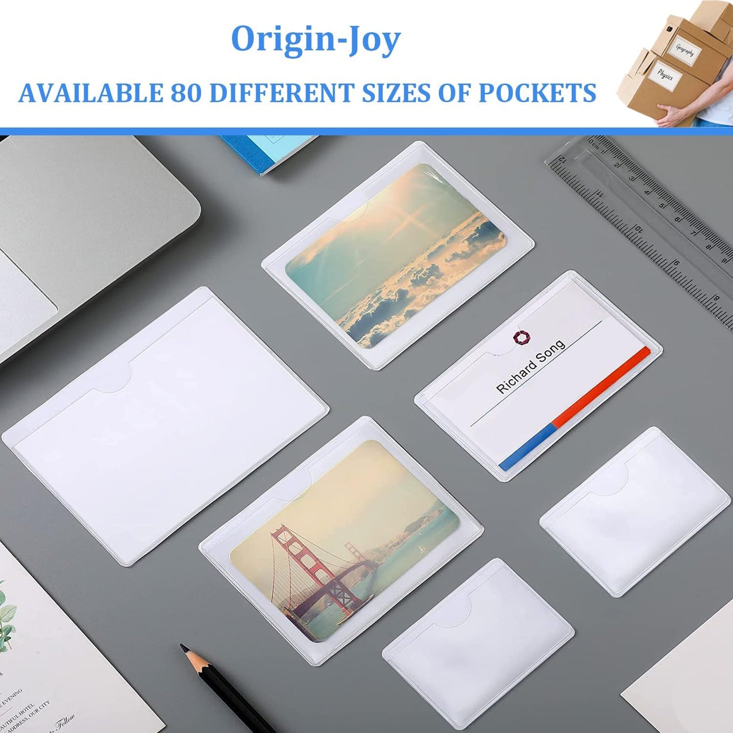 Origin-Joy 25 PCS Self-Adhesive Index Label Pockets, Clear Plastic Peel & Stick Card Holders with Top Open for Loading (4.5 x 2 inch)