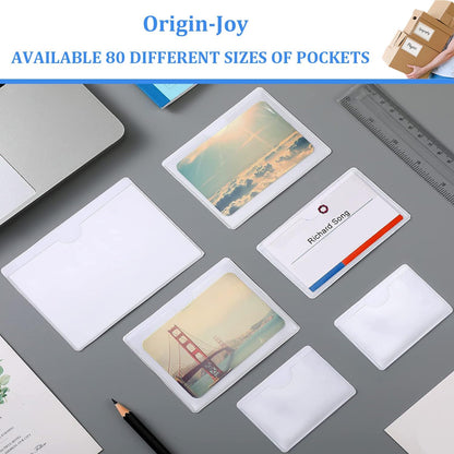 Origin-Joy 60 PCS Self Adhesive Index Card Pockets with Top Open, Clear Plastic Label Holder for Cards of Note, Library and Business, Adhesive Label Pockets & Card Holder (9 x 6 inch)