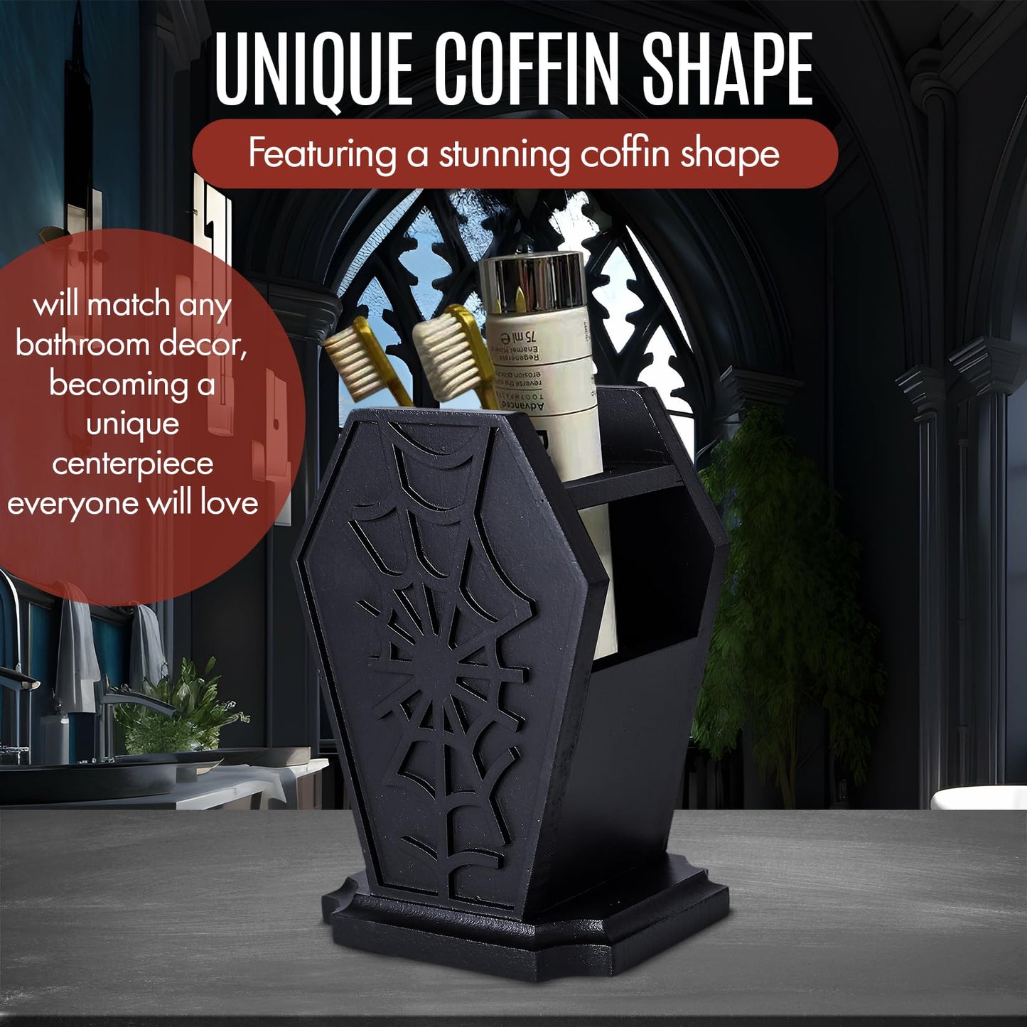 Gothic Decor Coffin Toothbrush Holder - Halloween Goth Bathroom Decor Brush Holder for Oddities and Curiosities - Spooky Pen Organizer for Kids and Adults - Witchy Gifts for Women