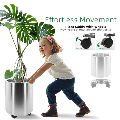 Longrun 11.8 Inch Dia Round Planter, Modern Indoor Outdoor Large Stainless Steel Plant Pot and Plant Caddy with Wheels for Home Patio Garden, Easy to Clean and Move