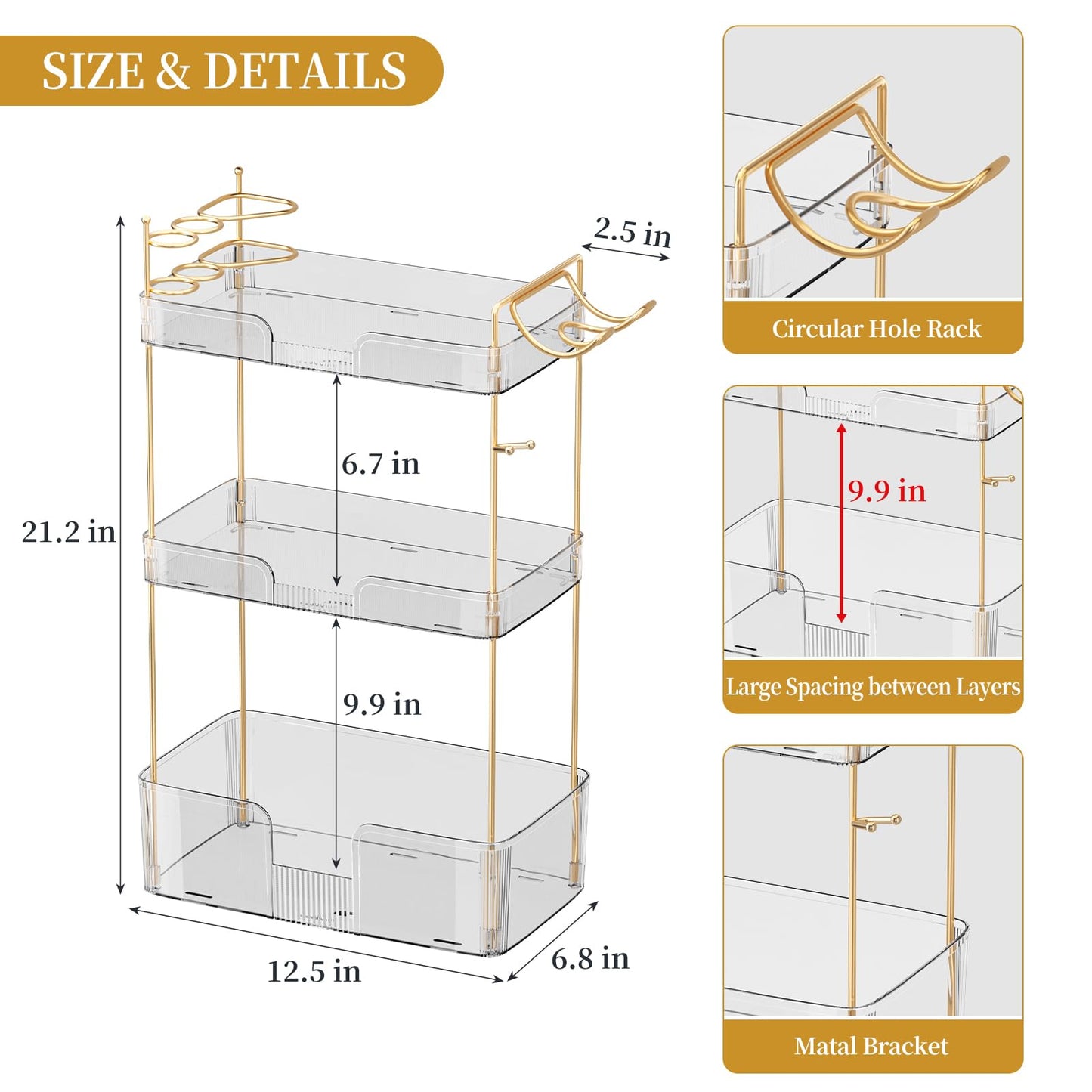 Weidace Bathroom Counter Organizer for Vanity, Makeup Organizer Countertop with Holder, Large Capacity Storage Rack, Perfect Large Skincare, Hair Care, Perfume, Easy to Install (Clear, 3Tiers)