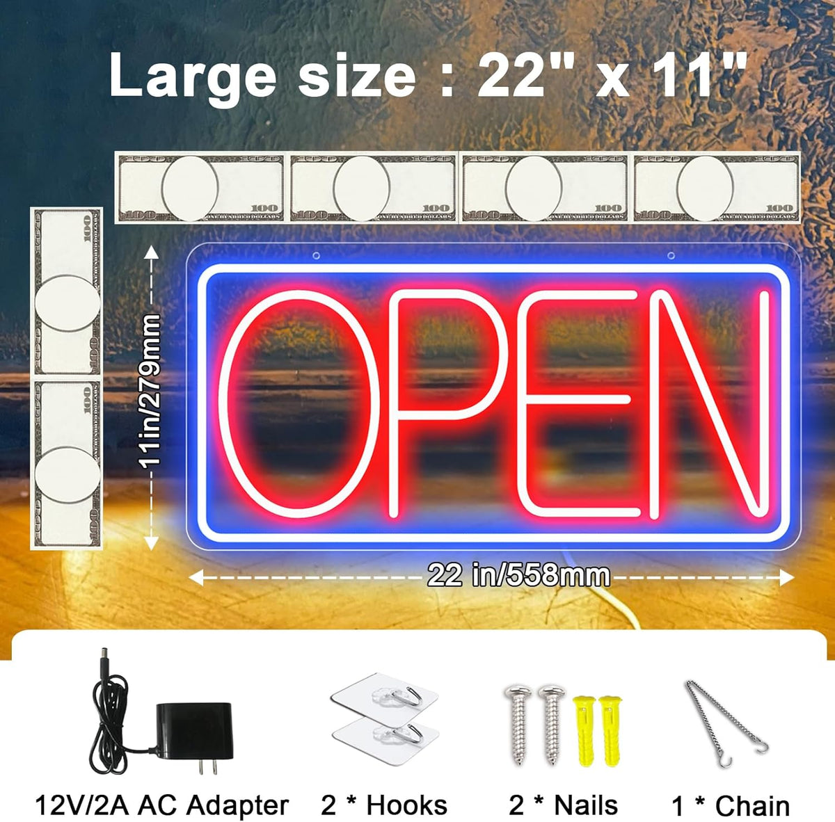 22" X 11" Led Neon Open Signs for Business, Large Open Signs, Plug In Electric Light Up with ON/OFF Switch, Ultra Bright Open Sign for Bar Salon Coffee Stores Club Hotel