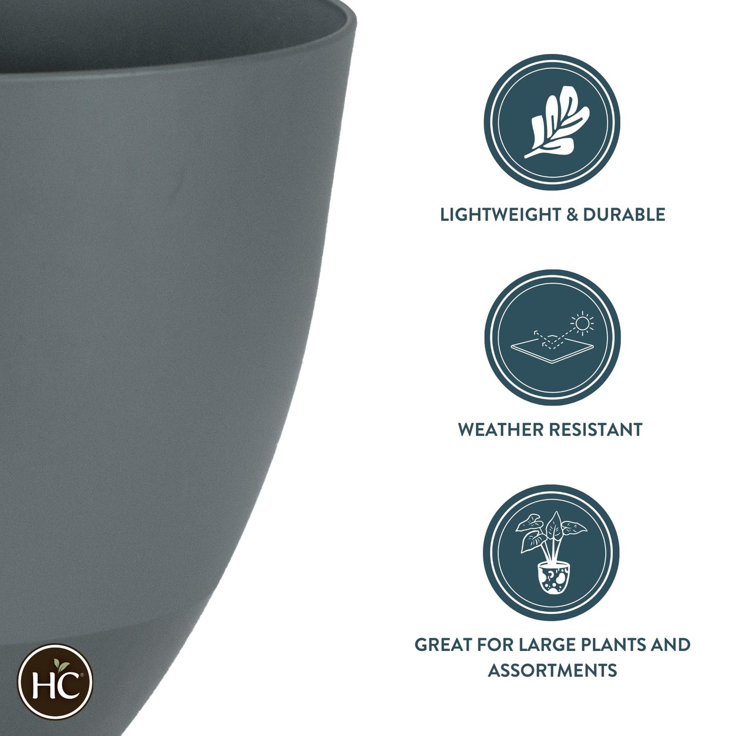 The HC Companies 13 Inch Topanga Decorative Round Planter - Lightweight Premium Resin Plant Pot with a Ceramic Look for Indoor Outdoor Use, Slate Blue Swoop