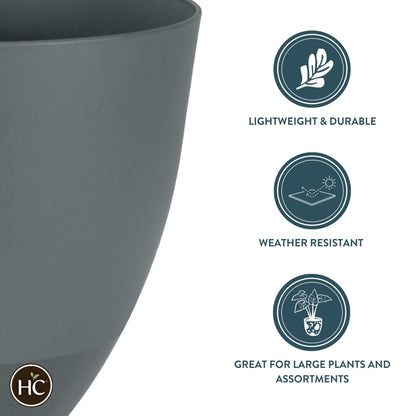 The HC Companies 13 Inch Topanga Decorative Round Planter - Lightweight Premium Resin Plant Pot with a Ceramic Look for Indoor Outdoor Use, Slate Blue Swoop