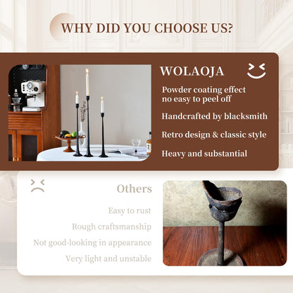 Set of 3 Candle Stick Holders,Iron Black Candlestick Holders, Fits 3/4 inch Thick Candles, Tapered Candle Holders Tall Set for Dining Table, Wedding, Home Decoration