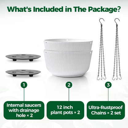 T4U 12 Inch Large Hanging Planters for Indoor Plants, 2 Pack Self Watering Pots Indoor, Hanging Baskets for Plants,Hanging Flower Pot with Drainage Hole and Plant Hanger, White