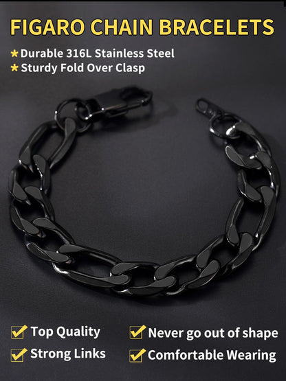 ChainsHouse Black Figaro Bracelet for Men Women, 13mm 7.5" Link Chain Bracelet Punk Hip Hop Jewelry Stainless Steel Figaro Bracelets