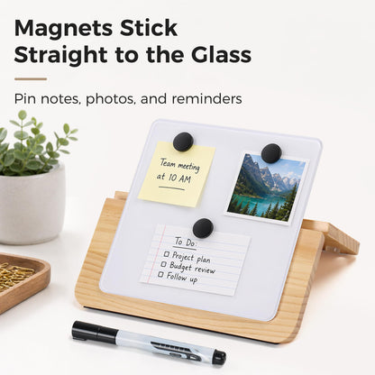 TOWON Glass Desktop Whiteboard with Solid Wood Stand - Foldable Mini Dry Erase Board for Desk - 2-in-1 Tabletop & Hanging Memo Board for Office Decor, Magnetic, White and Square