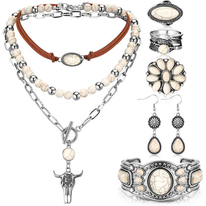 Ecally Bohemian Western Jewelry Turquoise Set Women Country Pendant Long Choker Layered Bracelets Earrings Ring for Women(Fashion,White)