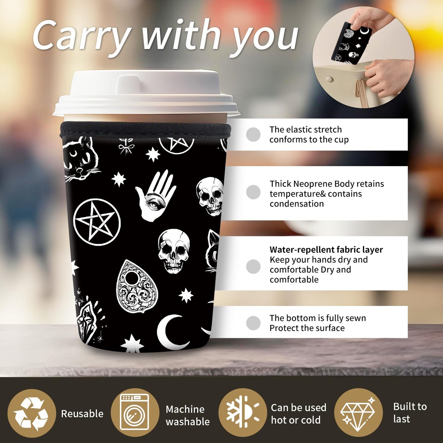 AMZXCFGL 3 Pack Reusable Neoprene Insulator Sleeve for Iced Coffee Cups, Cute Funny Coffee Cup Sleeve, Universal Fit 16-32oz Cups for Hot Cold Beverages Cute Black Cats