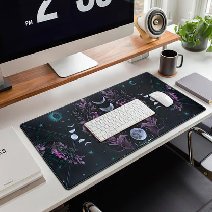 Celestial Moon Phases Mouse Pad Large Purple Desk Mat Forest Extended Gaming Mousepad Violet Teal Desk Pad XXL 31.5 x 15.7 in Laptop Computer Mouse Keyboard Mat for Office Desk Decor
