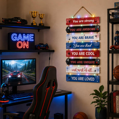 Cool Spiderman Room Decor Set of 8 with Led Light for Teen boys Kids Toddler, Inspirational Spider Man Wood Nursery Wall Decor for Bedroom, Motivational Spidey and His Amazing Friends Marvel Decor