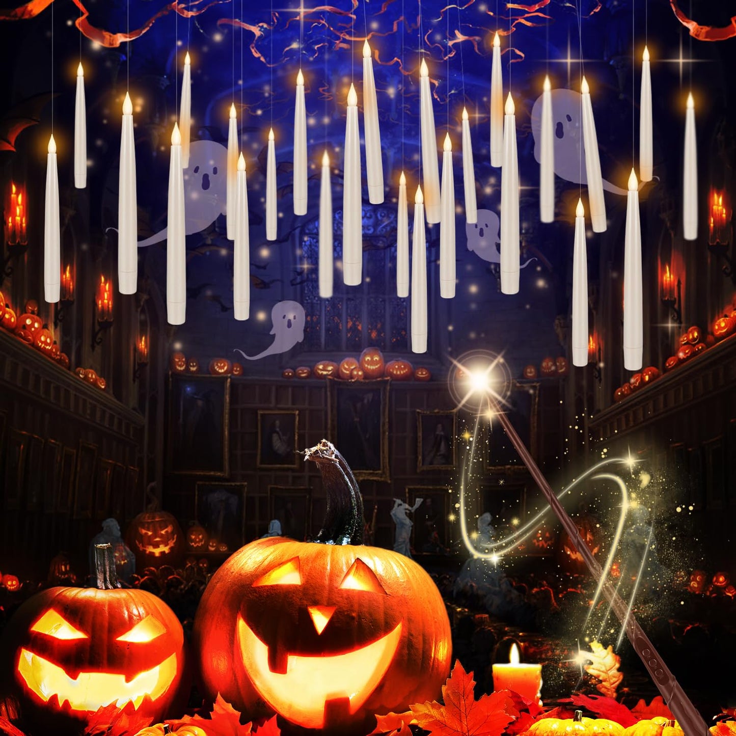 CAKETYCG 24 Pcs Halloween LED Magic Hanging Floating Candles, Taper Flickering Flameless with 2 Magic Wands - Candle Set for Halloween, Christmas, Weddings, Birthdays & Fantasy Ambiance...