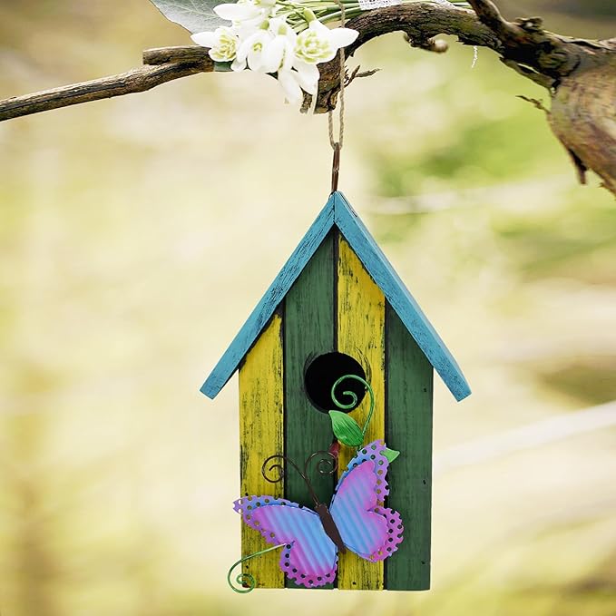 Bird House for Outside Hanging Rustic Wood Bird House Outdoor Garden Patio Hand Painted Decorative Birdhouse for Finch Bluebirds Sparrows Chickadees Cardinal (Butterfly)
