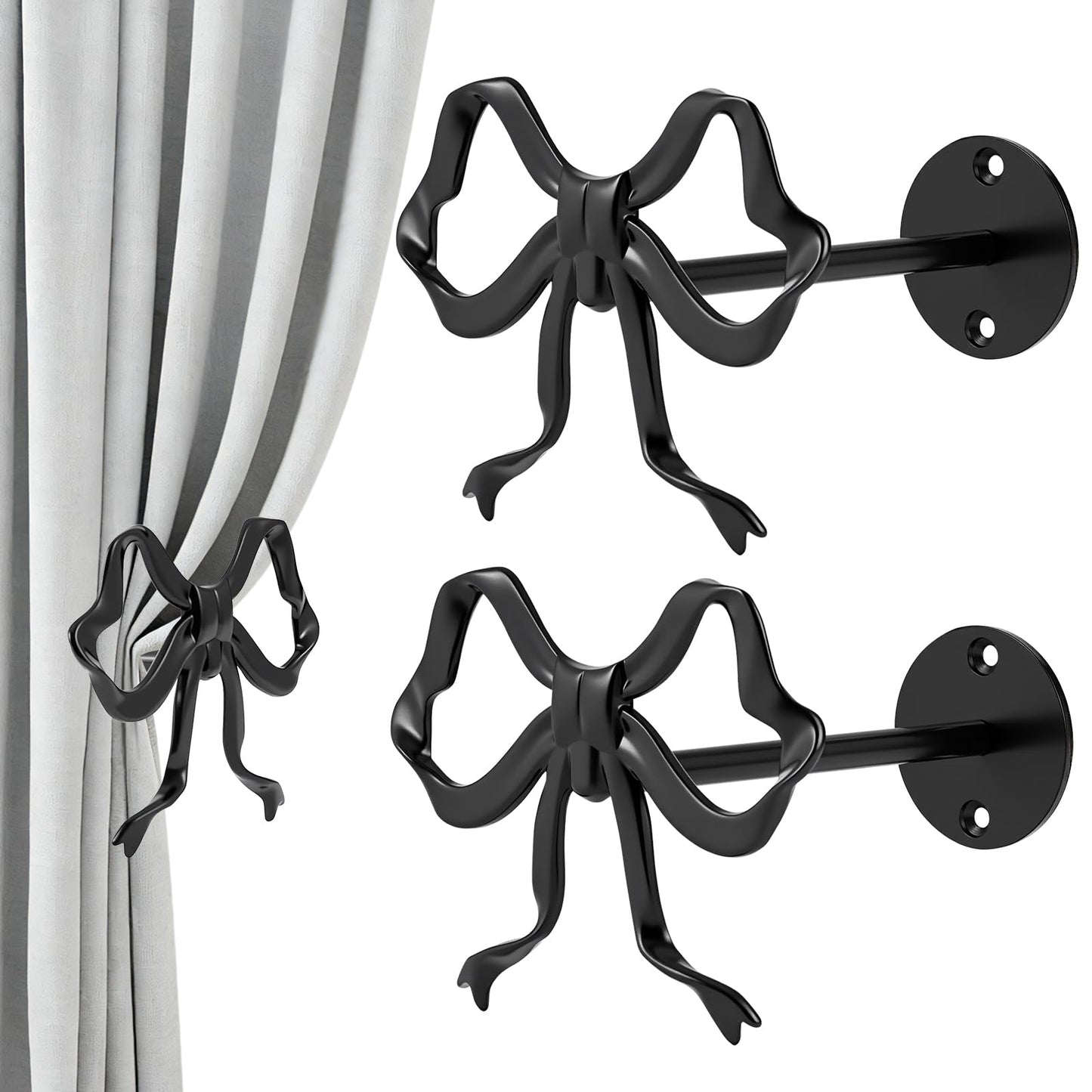 Tocemei 2 Pack Black Bow Curtain Holdbacks, Modern Matte Metal Curtain Holders for Wall,Rotatable Adjustable Angle,Elegant Bow Decor for Living Room Bedroom Home