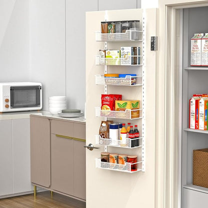 VyGrow 12.3" W Narrow Over the Door Pantry Organizer, 6-Tier Over the Door Organizer with Adjustable Basket, Pantry Door Organization for Pantry Kitchen Storage Room Spice Rack, White