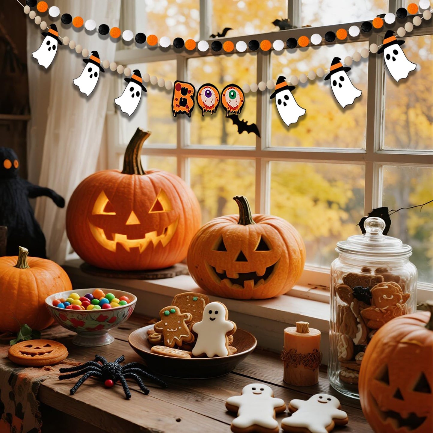 Felt Halloween Garland, 7.5Ft Boo Ghost Garland with Wooden Beads for Halloween Decorations, 2Pcs Cute Indoor Banner for Mantle Fireplace Indoor Home Party Decor