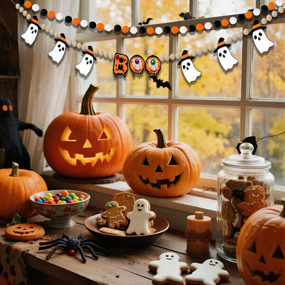 Felt Halloween Garland, 7.5Ft Boo Ghost Garland with Wooden Beads for Halloween Decorations, 2Pcs Cute Indoor Banner for Mantle Fireplace Indoor Home Party Decor