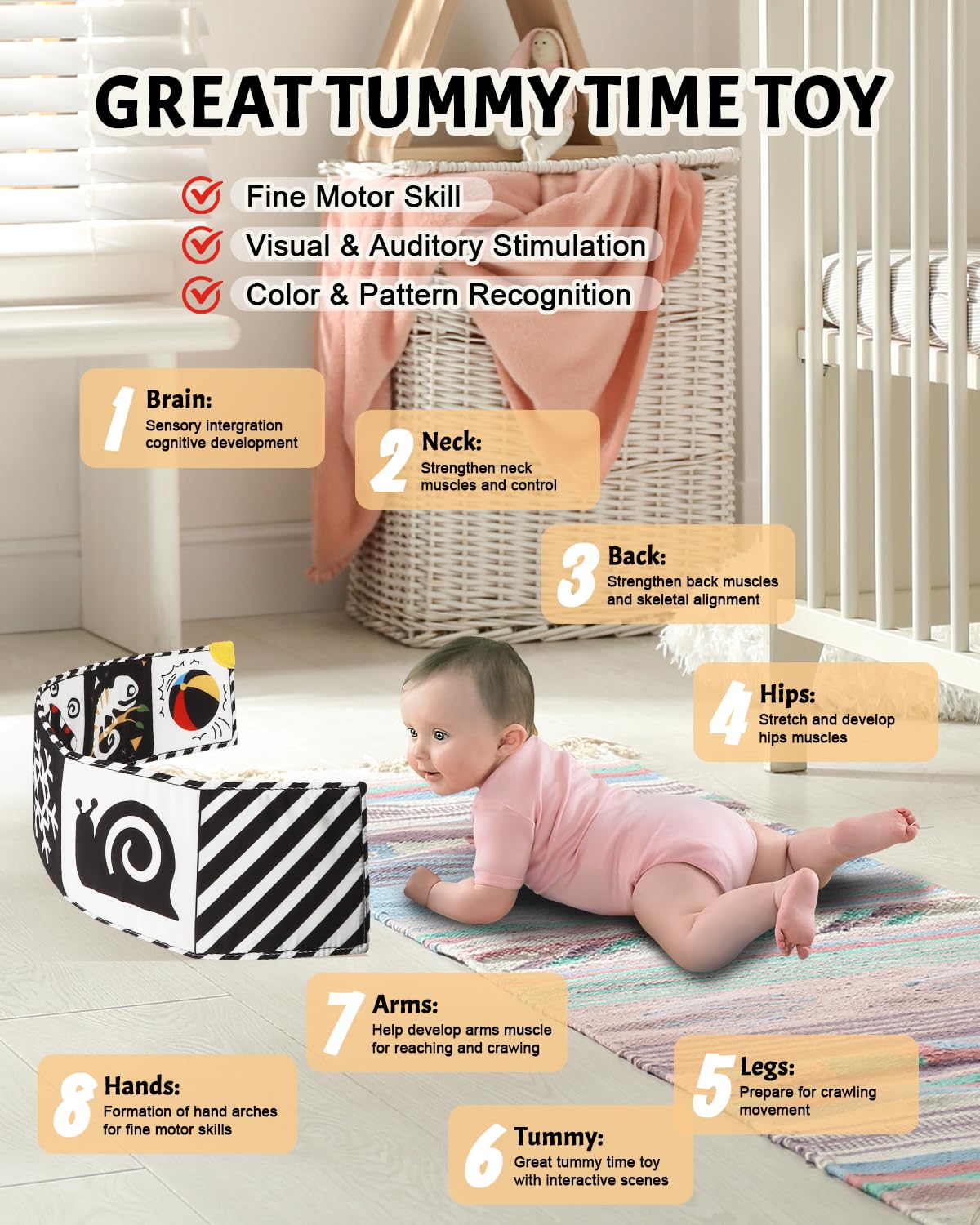 High Contrast Baby Book with Teether, Black and White Baby Book, 0-6-12 Months Soft Book for Newborn, Sensory Books, Montessori Learning Activities for Babies, Easter Basket Stuffer