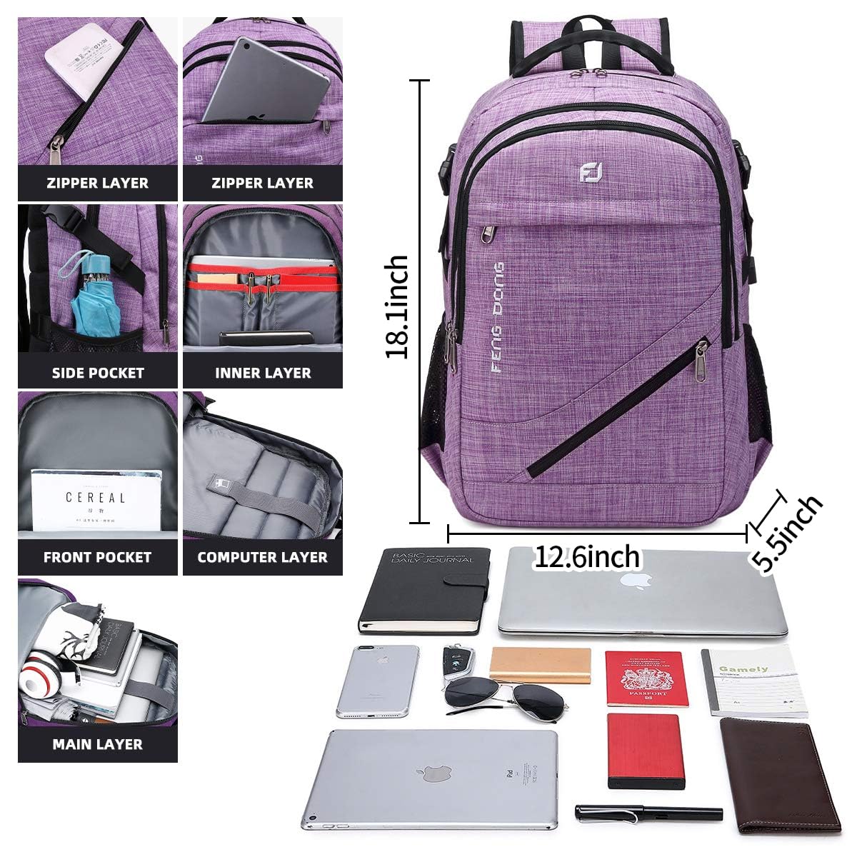 FENGDONG Large Laptop Backpack 17.3 inch Durable Waterproof Travel College Backpack Bookbag for Men & Women Business Backpack with USB Charging Port and Headset Port Light Purple