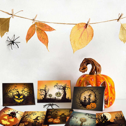 SuperShunhu 24 Pack Vintage Halloween Greeting Cards, Jack-O'-Lantern And Witch Halloween Cards, Artful Spooky Halloween Themed Card Set, 8 Designs Halloween Cards Bulk