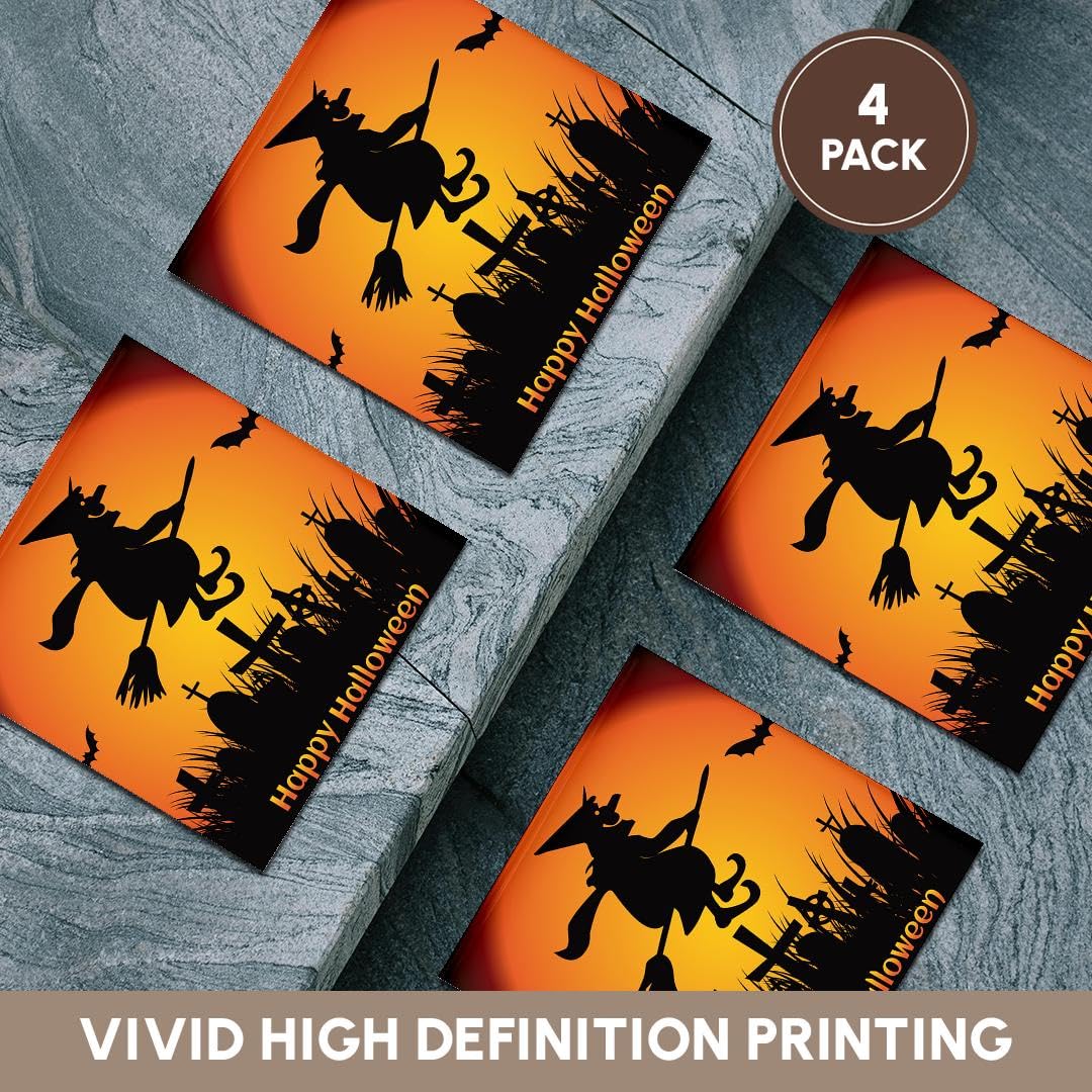 3dRose Happy Halloween with Witch on a Broom and Bats Set of 4 Ceramic Tile Coasters