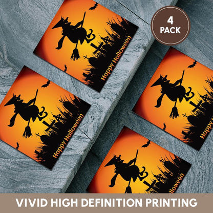 3dRose Happy Halloween with Witch on a Broom and Bats Set of 4 Ceramic Tile Coasters