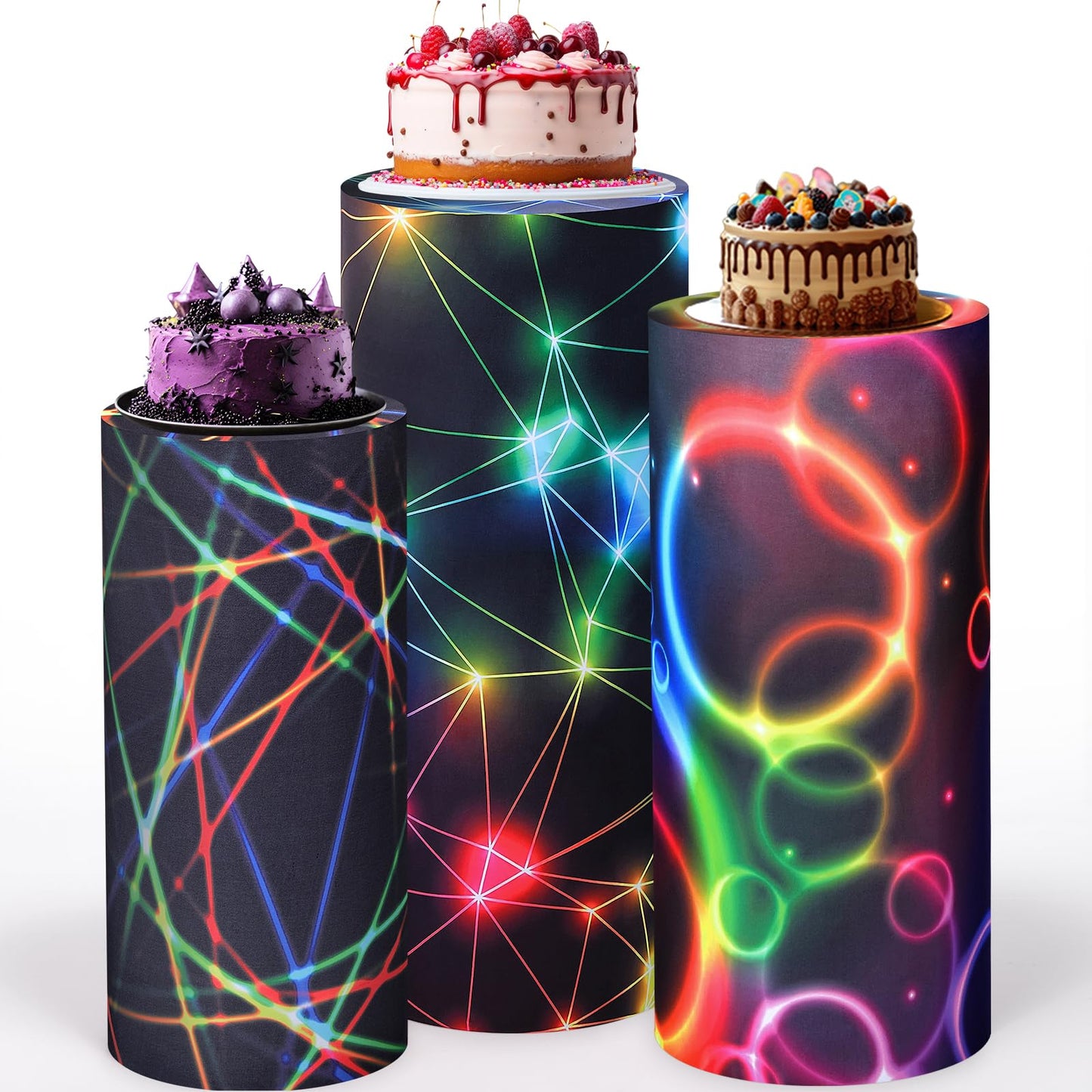 Mindsoft Set of 3 Neon Set of 3 Spandex Cylinder Stand Covers for Party, Halloween Cylinder Pedestal Covers, Dessert Tables Display for Birthday Party Wedding Baby Shower Backdrop Decor (Neon)