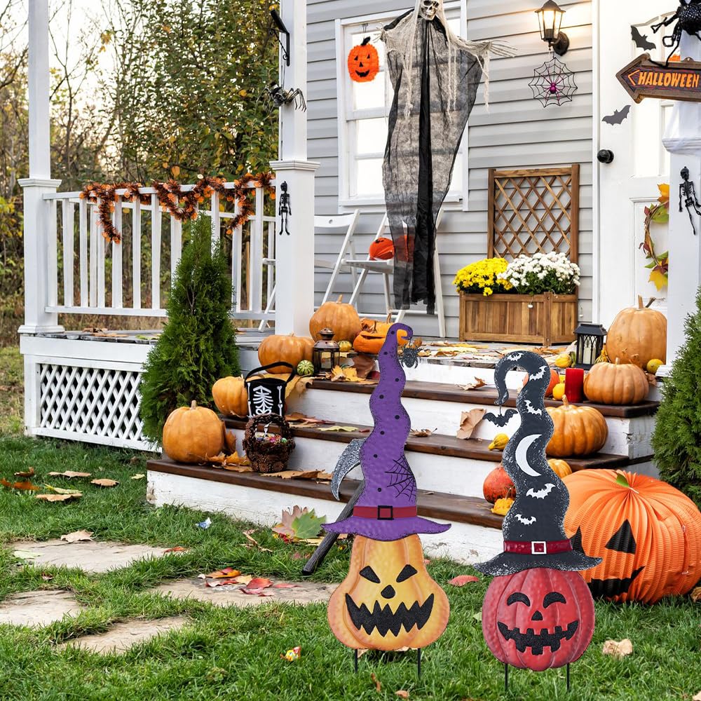 YEAHOME Halloween Decorations Outdoor, Set of 2 Pumpkin Garden Stakes with Witch Hats for Halloween Decor, Jack o' Lantern Metal Pumpkin Yard Signs for Outside Garden Lawn Patio Party Decorations