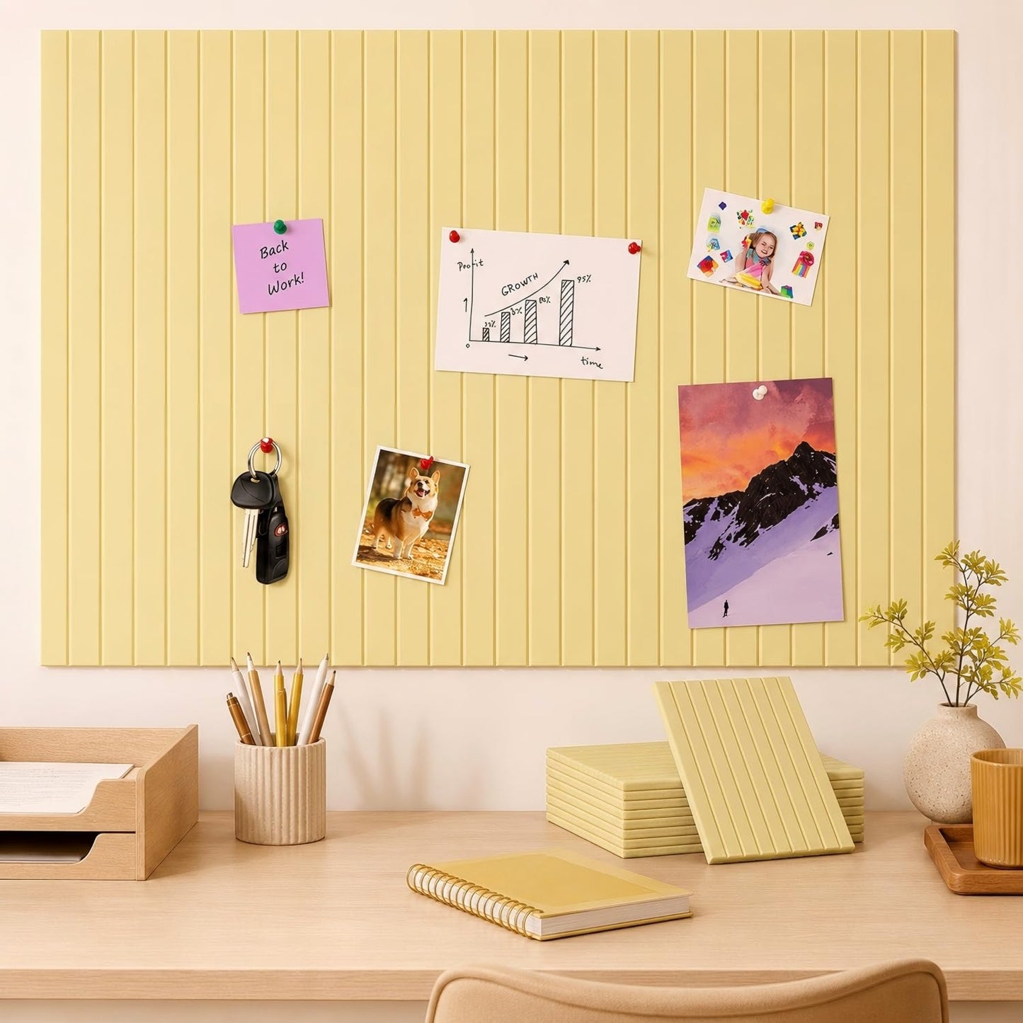 Honoson 12 Pack 48"x 36" Large Cork Board Alternative Felt Bulletin Board Wall Tiles with Safe Square Adhesive Roll Cork Tiles for Walls Home Office Classroom Back to School Pin Panels(Light Yellow)