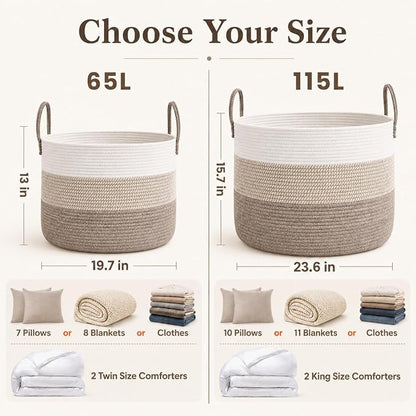 JMvicyroam 65L Extra Large Blanket Basket for Living Room - Woven Cotton Rope Laundry Hamper with Reinforced Handles - Storage Bin for Pillows, Comforters & Toys - Machine Washable,White&Brown Mix