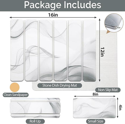 Small Stone Dish Drying Mat for Kitchen Counter, 2 PCS 16"×12" & 8"x4" Quick Dry Stone Mats, Foldable Water Absorbing Diatomaceous Earth Drying Dish Pad for Countertop Bottle Utensil Cup(White Gray)