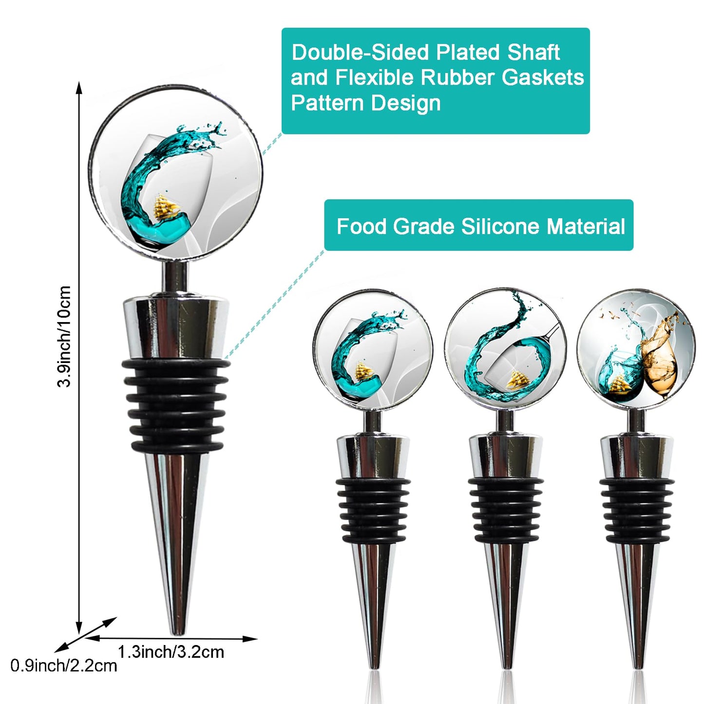 Lockban Wine Bottle Stoppers, Set of 3 Stainless Steel Wine Stoppers with Decorative Art Glass, Wine and Beverage Bottle Corks for Gifts, Bar, Wedding, Holiday Party (Green)