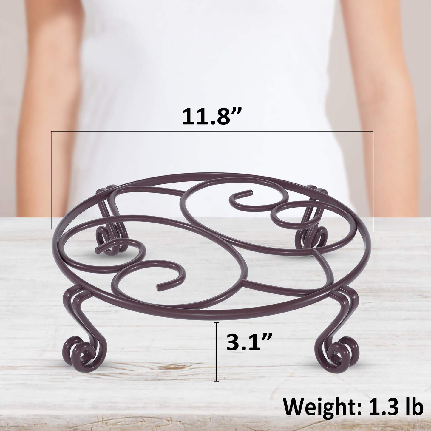 Yimobra Original Patented Plant Stand for Flower Pot Heavy Duty Potted Holder Indoor Outdoor, Metal Rustproof Iron Garden Container Round Supports Rack for Planter, Brown, 11.8 Inches