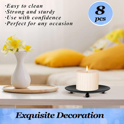 Bgtecho 8PCS Black Candle Holder Iron Plate, 4'' Stand for LED & Wax Candles, Decorative Pillar Plate for Incense Cones, Spa, Weddings, Party