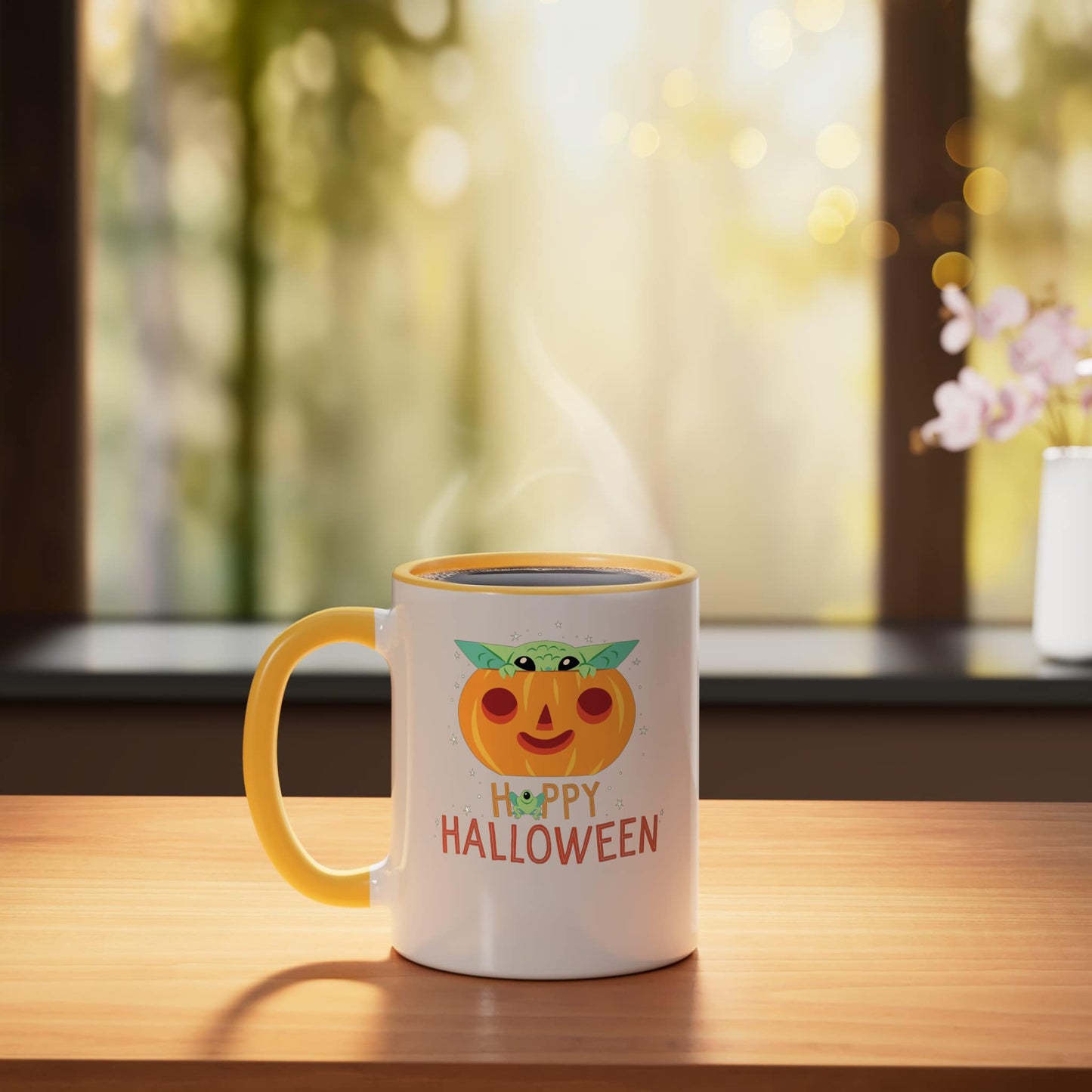 Star Wars The Mandalorian Grogu Happy Halloween Ceramic Mug, Yellow/White