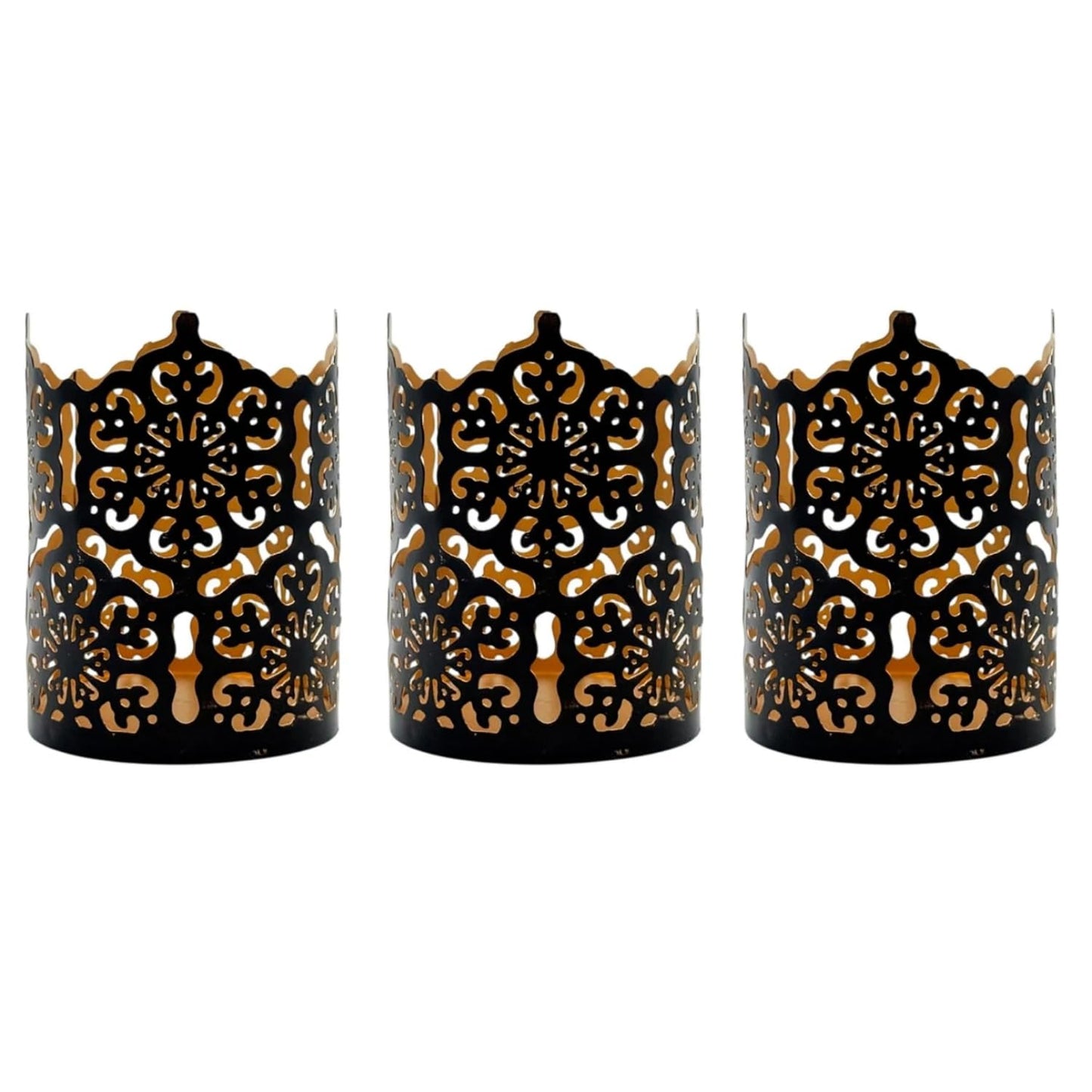 Hosley Set of 3 Black Metal Candle Holders 4 Inch High - Lattice Cut Lanterns for Table Centerpiece, Wedding, Home Decor, Indoor Outdoor