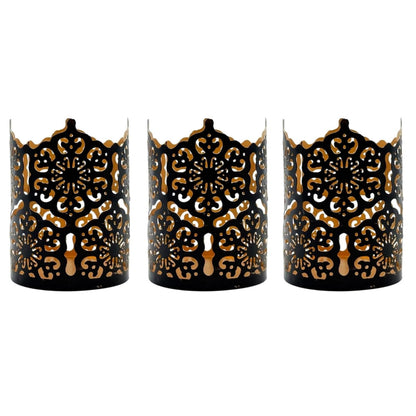 Hosley Set of 3 Black Metal Candle Holders 4 Inch High - Lattice Cut Lanterns for Table Centerpiece, Wedding, Home Decor, Indoor Outdoor
