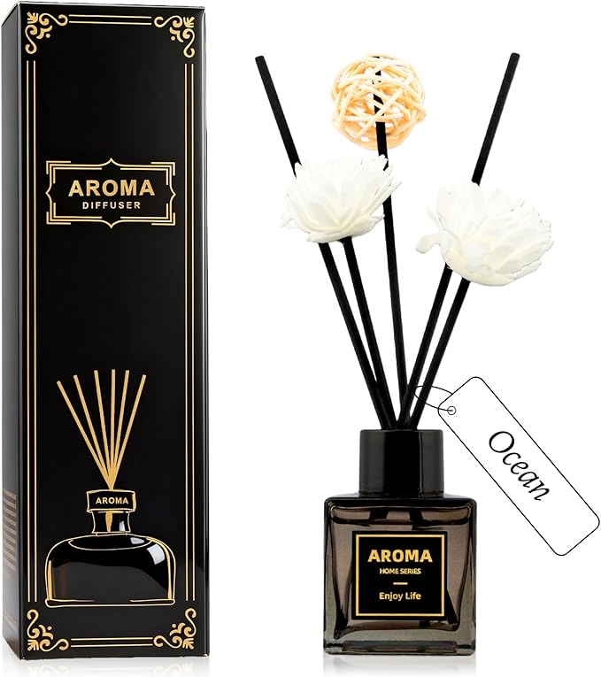 Black Glass Bottle Scent Diffuser, 1.7 oz Reed Diffuser with Sticks, Home Fragrance for Bookshelf, Bedroom Vanity, Office Desk & Bathroom Decor, Air Freshener for Aesthetic Room Decor (Ocean)