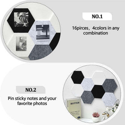 Mindsoft 16 Pcs Hexagon Cork Board for Walls with 50 Wooden Push Pins 6.7 x 5.9 in Felt DIY Tiles Notice with Nano Tape Hanging Bulletin Board for Home Photo Office Memo Note(Grey)