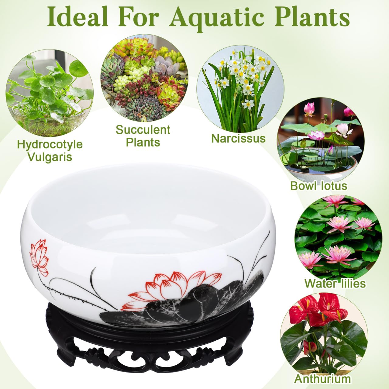 Toddmomy Hydroponic Ceramic Planter Pot with Base 7.08 Inch Round Water Lily Lotus Bowl for Indoor Outdoor Garden Decor Suitable for Water Plant Growth