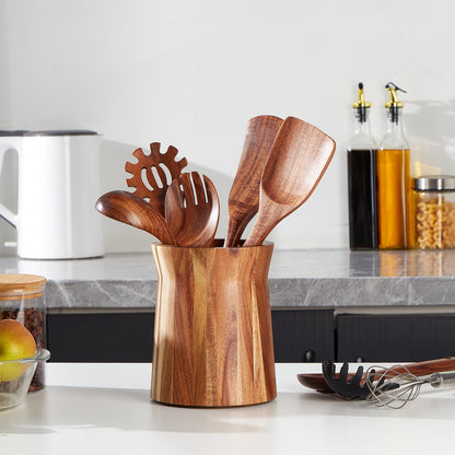 LOHONER Wooden Utensil Holder for Countertop, 360° Rotating Kitchen Utensil Holder, 7.2"x 6" Large Acacia Wood Crock, Farmhouse Kitchen Decor