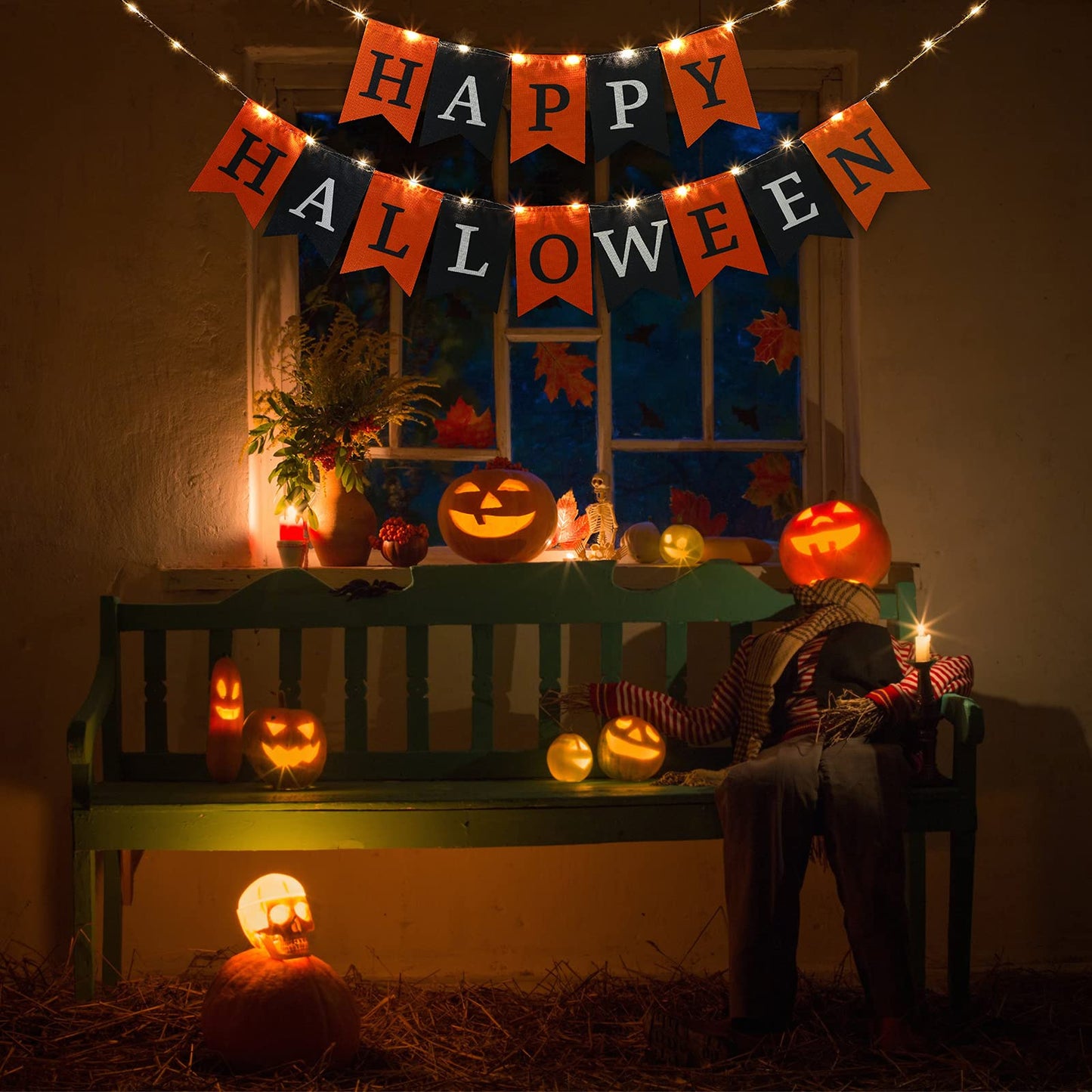 Happy Halloween Decoration Fabric Banner with String Light for Fireplace - Black & Orange Halloween Flag Party Mantel Hanging Decoration Supplies