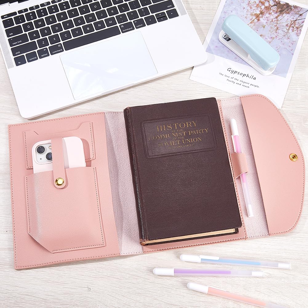 CRASPIRE A5 Leather Notebooks Cover for Pink PU Journal Planner Travelers Notebook with Card Slots Pen Holder File Folder Business Pocket Documents Portfolio Organizer Briefcase for Refillable Notepad