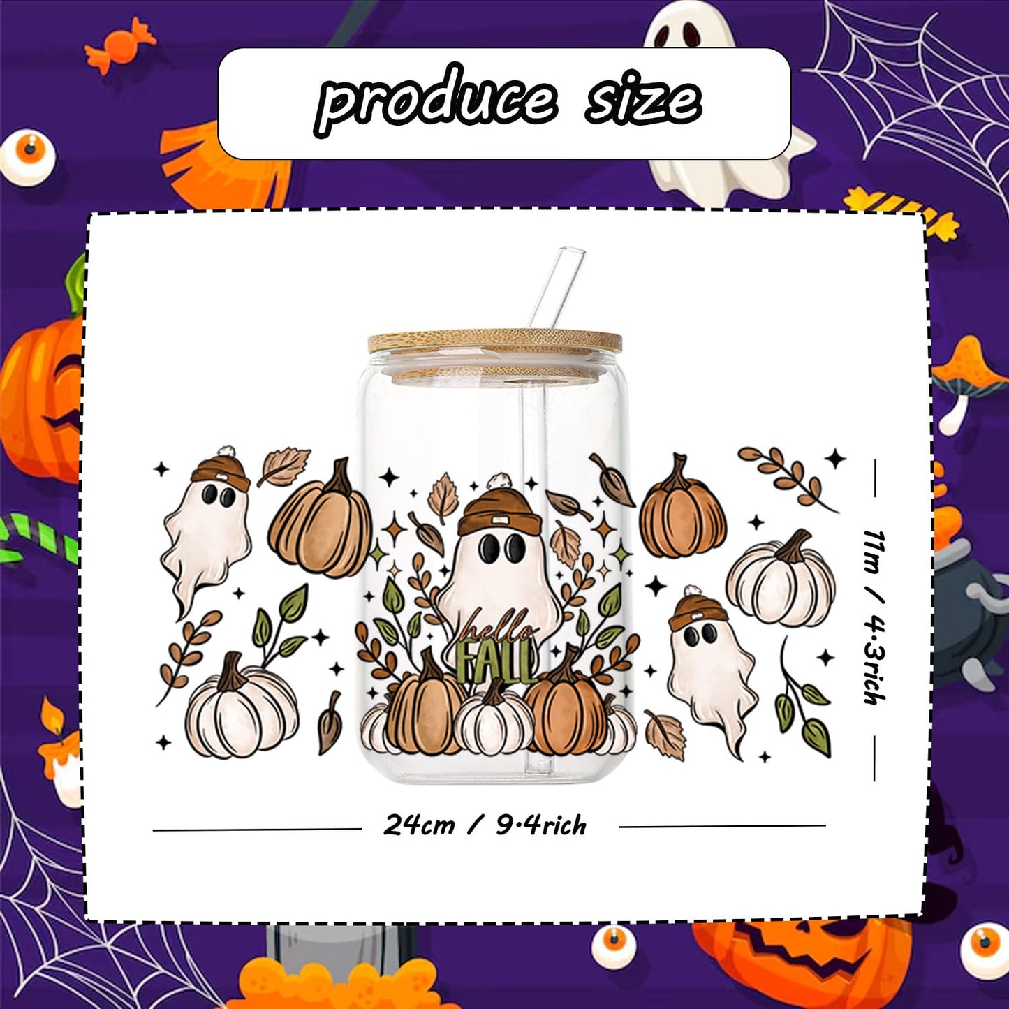 10 Sheets Halloween UV DTF Transfer Stickers for Glass, Cute Ghost Flower Rub on Transfers for Autumn Cup Wrap Crafts Funny No Heat Needed Ready to Apply
