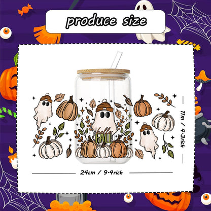 10 Sheets Halloween UV DTF Transfer Stickers for Glass, Cute Ghost Flower Rub on Transfers for Autumn Cup Wrap Crafts Funny No Heat Needed Ready to Apply