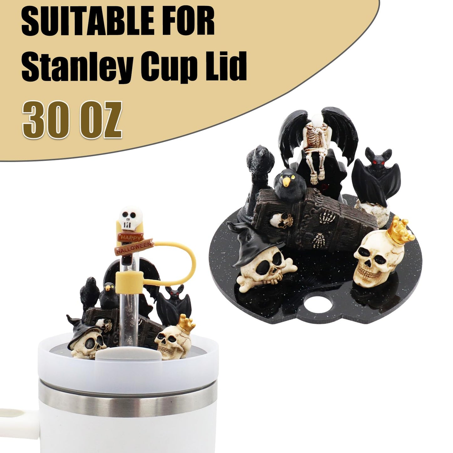 Lid Name Plate Topper for Stanley Cup 30 oz，Including Boot, Silicone Straw Topper Cover Cap, Lid Charms，Cup Chain (Halloween-A)