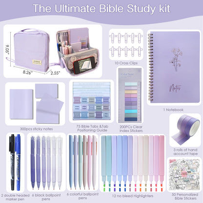 J6&H6 170Pcs Complete Bible Study Supplies, Bible Journaling Kit, Foldable Pencil Case with 75 Tabs,12 Pastel Bible Highlighters More Bible Accessories Set for Women, Beginner Christian Gifts (Purple)